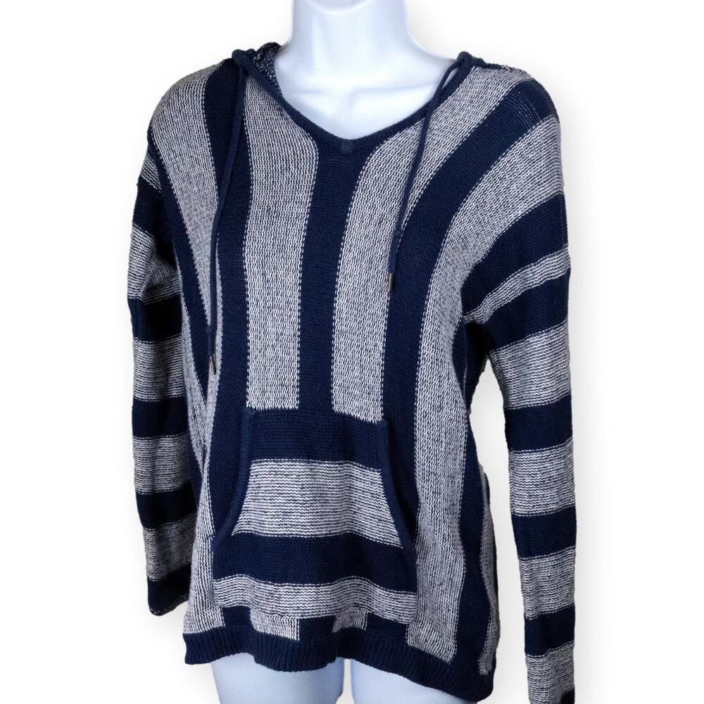 Forever 21 Women Blue White Baja Pullover Knit Hoodie w/ Pockets S